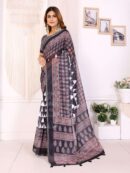 Make a bold statement with this black Chanderi saree featuring maroon and white geometric and traditional block prints. Perfect for weddings, festive celebrations, and casual ethnic events.