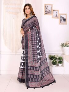 Make a bold statement with this black Chanderi saree featuring maroon and white geometric and traditional block prints. Perfect for weddings, festive celebrations, and casual ethnic events.