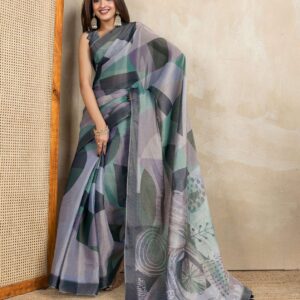 Modern Abstract Printed Linen Saree in Grey and Teal with Geometric and Artistic Patterns