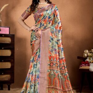 Multicolor Soft Silk Saree with Ethnic Motif Pallu & Zari Border