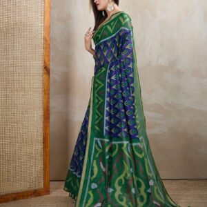 Green & Blue Ikat Printed Chanderi Saree ? Elegant Festive & Wedding Wear