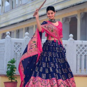 Blue Tussar Silk Lehenga Choli with Pink Blouse | Bandhani Peacock & Foil Print | Wedding & Festive Wear